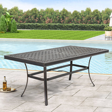 Patio rectangular cast aluminum dining table with umbrella hole