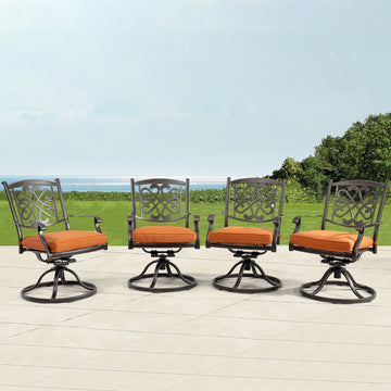 Set of 4 Cast Aluminum Flower-Shaped Backrest Swivel Chairs Orange