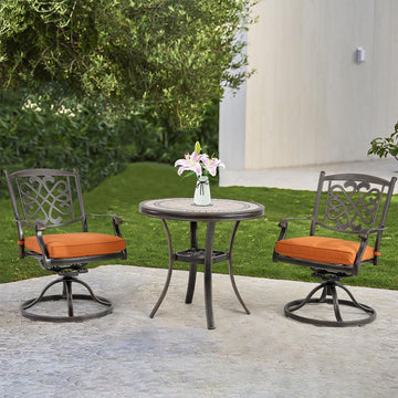 3-piece cast aluminum dining chair set Tile-Top Dining Table and flower-shaped back swivel chair