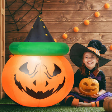 4 Ft Halloween Inflatable LED Pumpkin with Witch Hat