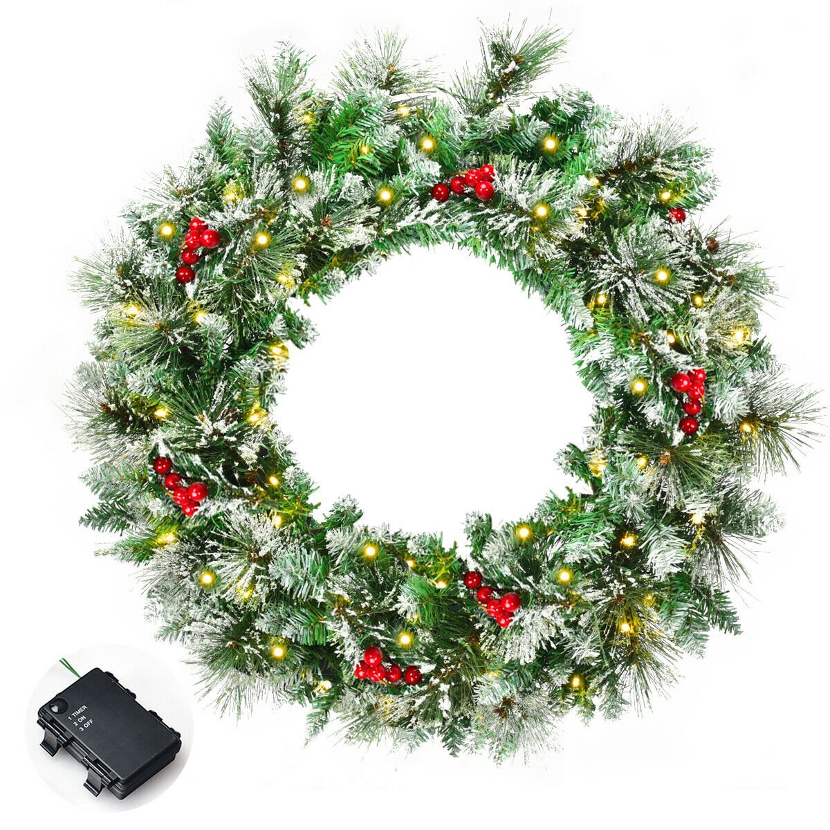 24" Pre-lit Flocked Christmas Spruce Wreath with LED Lights