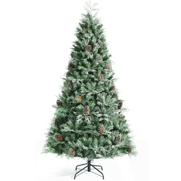 8 Feet Snow Flocked Hinged Christmas Tree with 1651 Branch Tips and Pine Cones