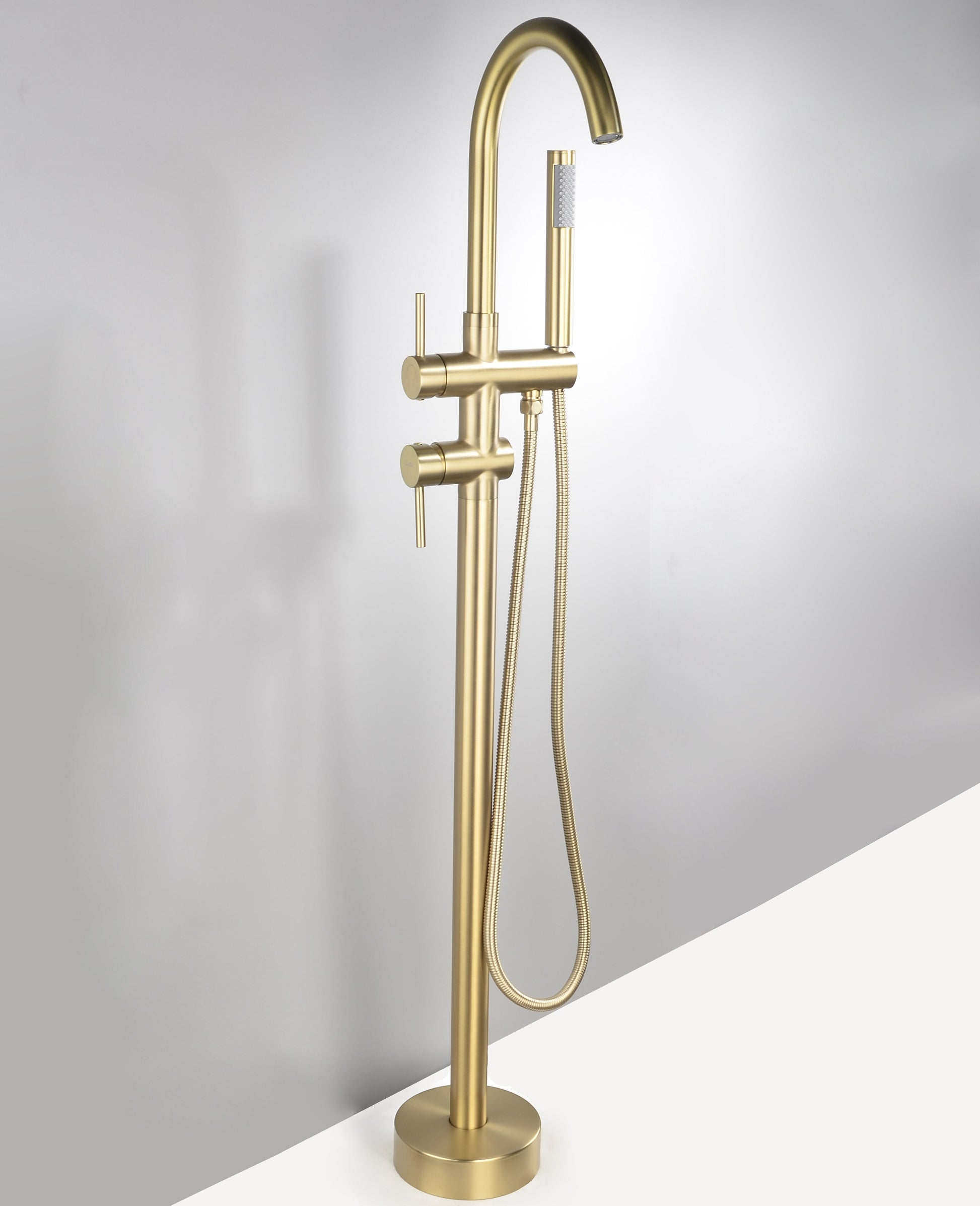 Freestanding Floor Mount 2-Handle Bath Tub Filler Faucet with Handheld Shower in Brushed Gold - Alipuinc