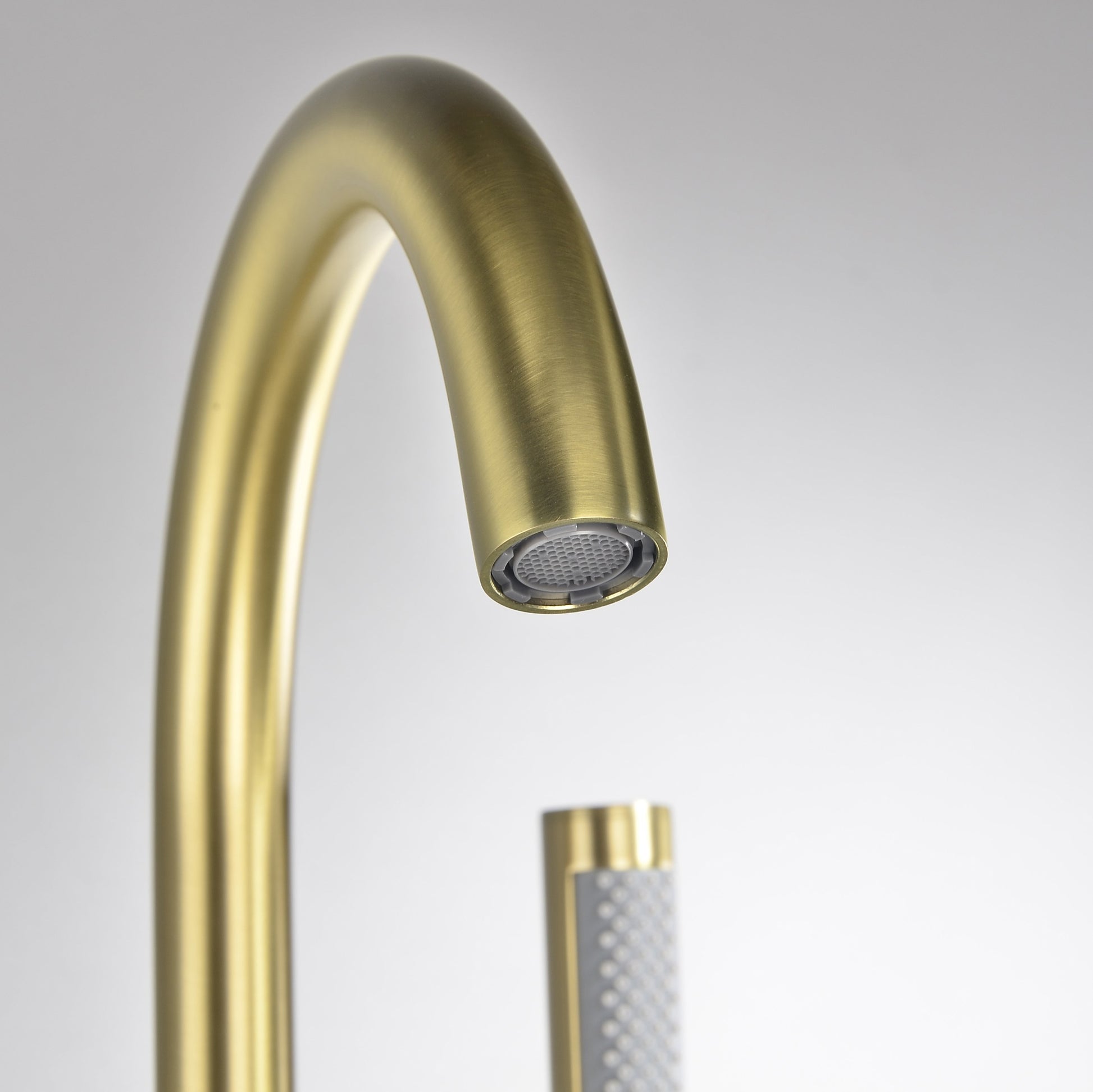 Freestanding Floor Mount 2-Handle Bath Tub Filler Faucet with Handheld Shower in Brushed Gold - Alipuinc