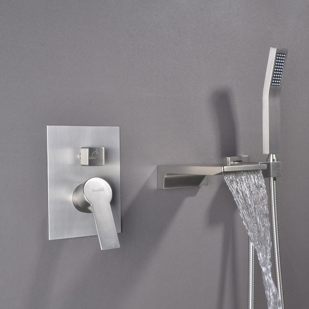 Single-Handle Wall Mount Roman Tub Faucet with Hand Shower in Brushed Nickel - Alipuinc