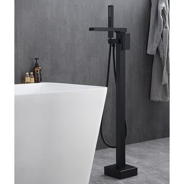 Clihome® | Freestanding Single Handle Bathtub Faucet Filler with Handshower for Bathroom Floor Mounted in Matte Black