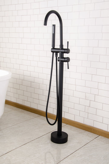 Freestanding Floor Mount 2-Handle Bath Tub Filler Faucet with Handheld Shower in Matte Black