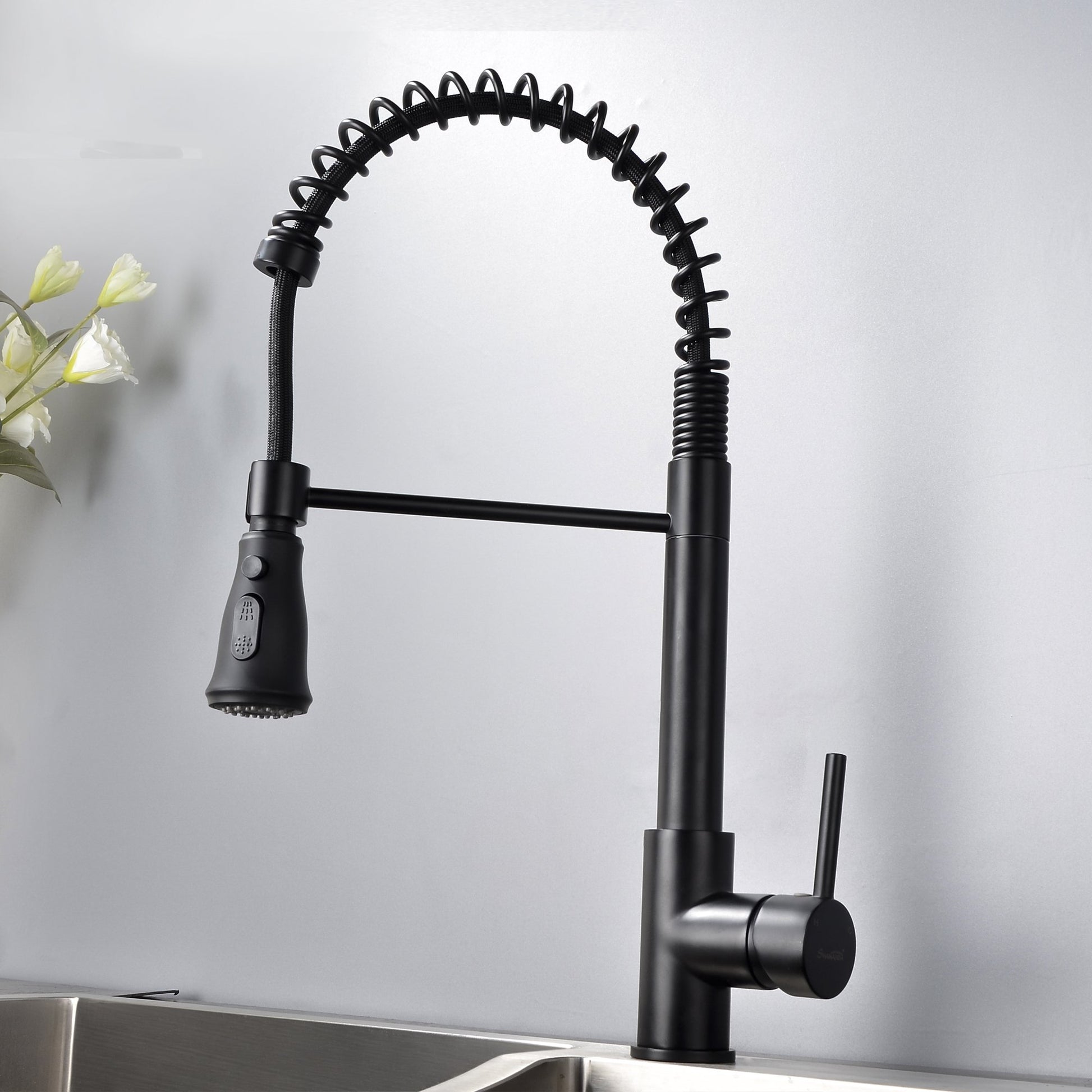 Single-Handle Pull-Down Sprayer Kitchen Faucet with Supply Lines in Matte Black - Alipuinc