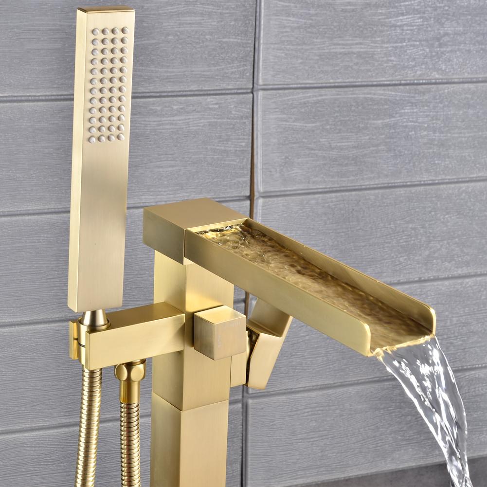 Freestanding Floor Mount Single Handle Waterfall Tub Filler Faucet with Handheld Shower in Brushed Gold - Alipuinc