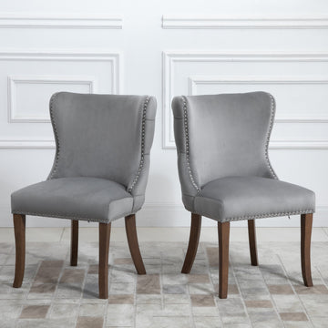 2 PCS Upholstered Wing-Back Dining Chair with Back-stitching Nail-head Trim and Solid Wood Legs