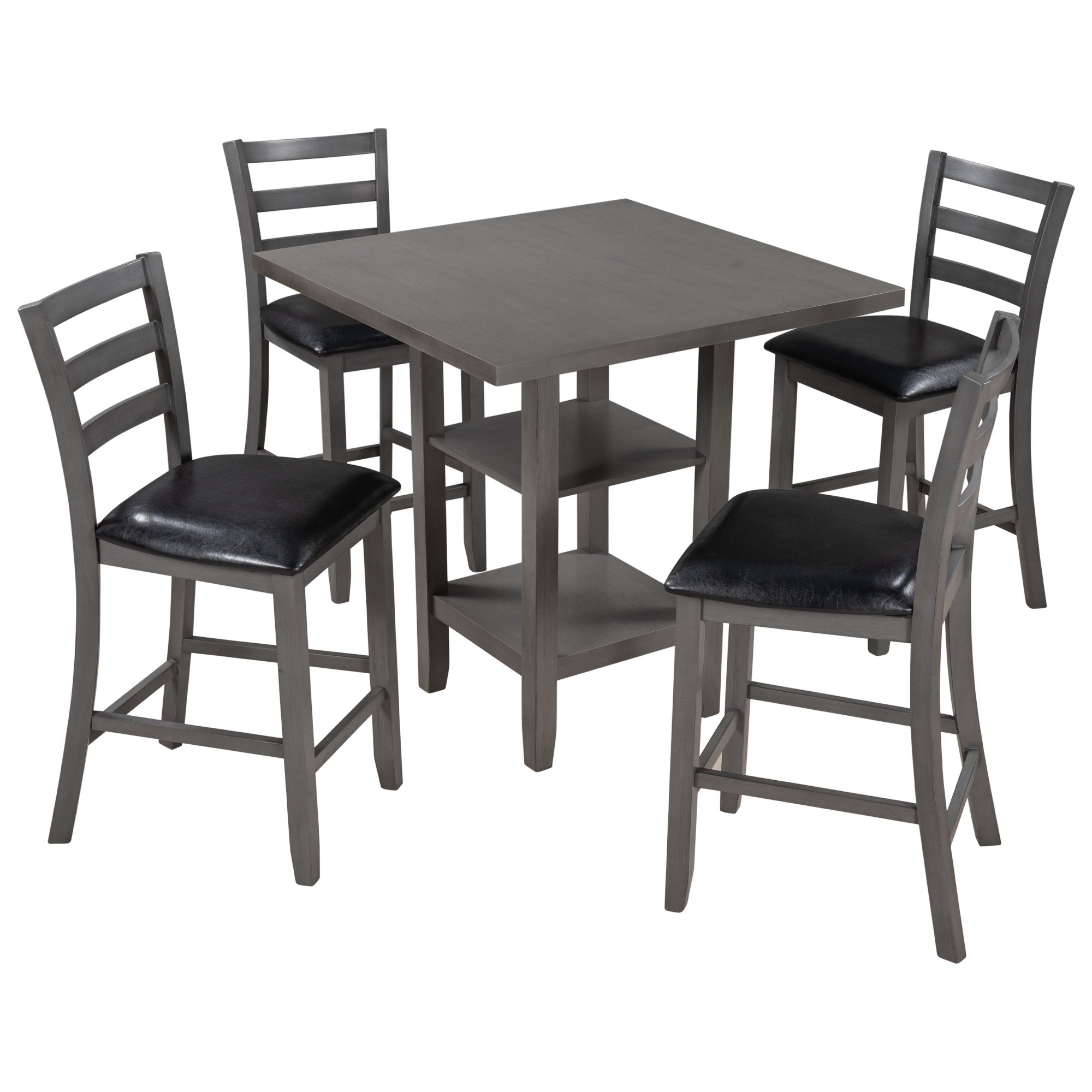 5-Piece Wooden Counter Height Dining Set, Square Dining Table with 2-Tier Storage Shelving and 4 Padded Chairs, Gray