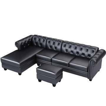 116" Chesterfield Sectional Sofa Set, PU Leather 4-Seat Living Room Set, L-Shape Couch in Home, with Storage Ottoman ,Nailheaded (Left Hand Facing,Black)