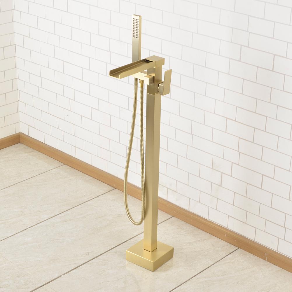 Freestanding Floor Mount Single Handle Waterfall Tub Filler Faucet with Handheld Shower in Brushed Gold - Alipuinc