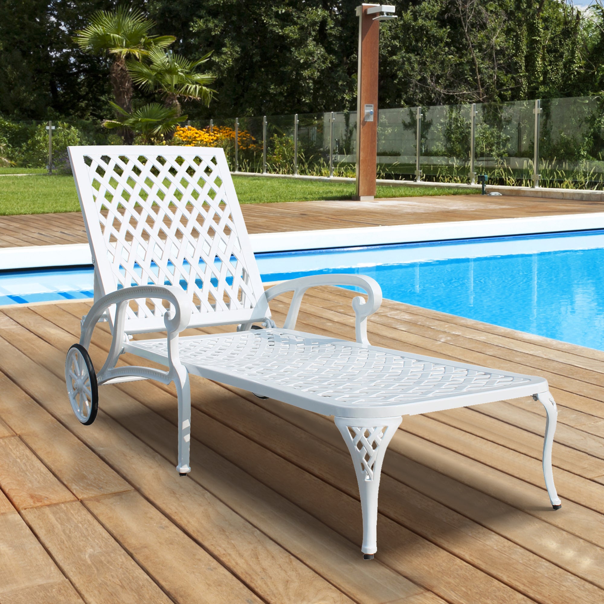 White Cast Aluminum Reclining Outdoor Chaise Lounge with Wheels