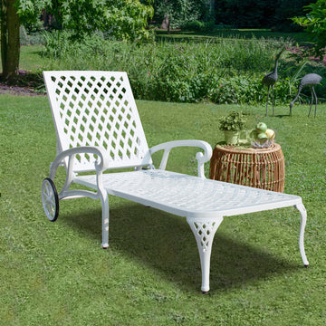 White Cast Aluminum Reclining Outdoor Chaise Lounge with Wheels