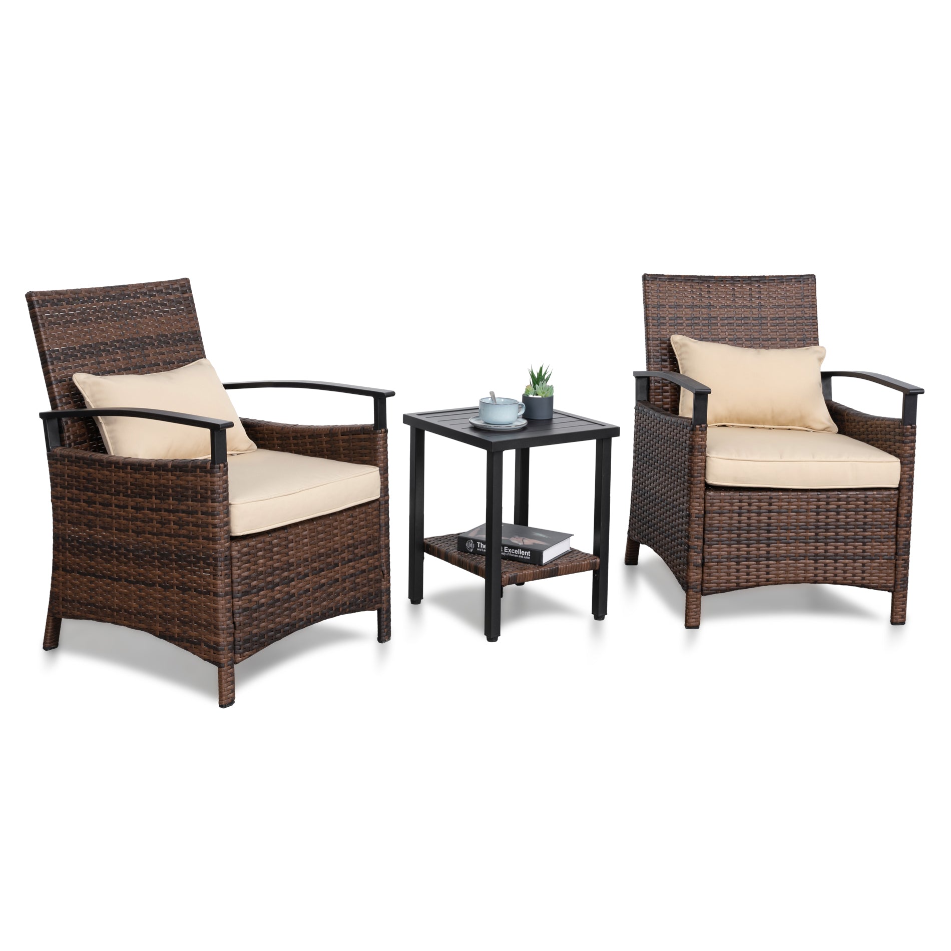 Clihome 3 Piece Outdoor Wicker Patio Furniture Conversation Set
