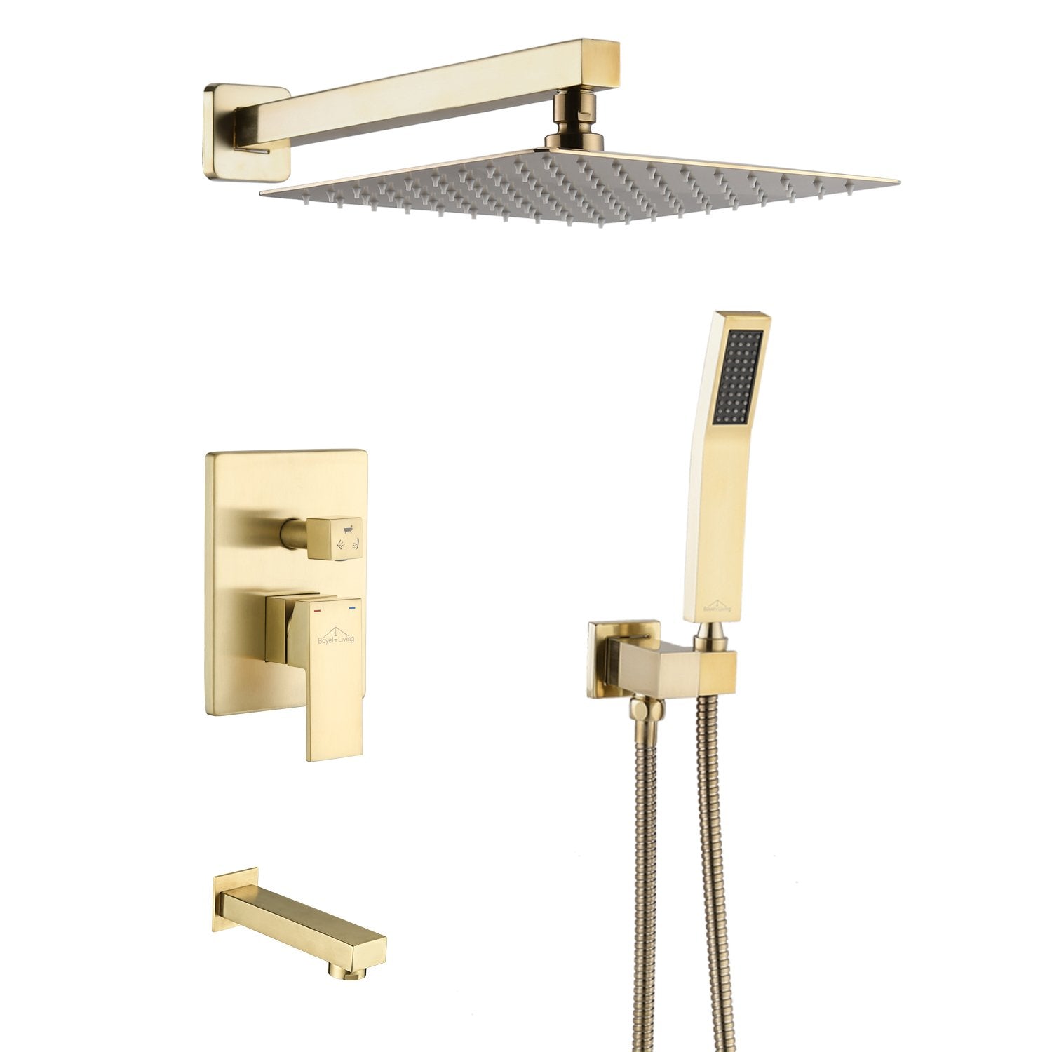 Shower Head System Wall Mounted with 12 in. Square Rainfall Shower head and Handheld Shower Head Set in Brushed Gold