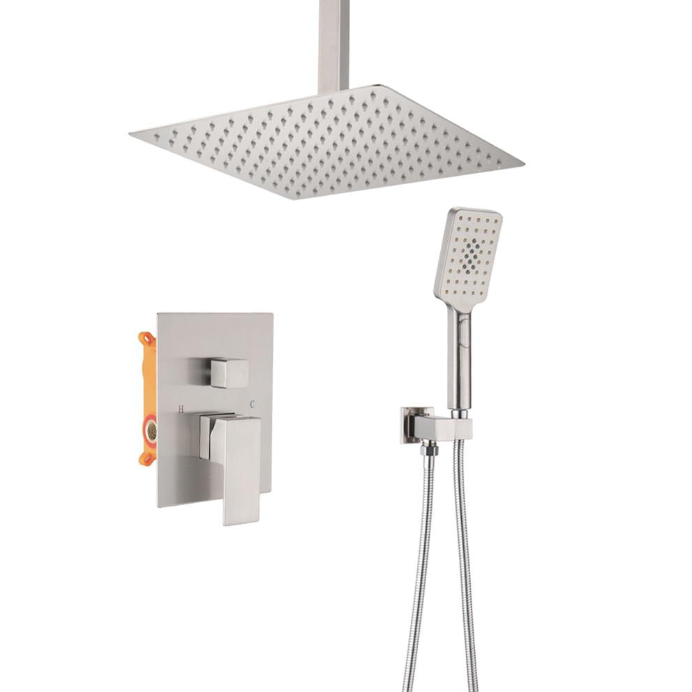 12 in. Ceiling Mounted Rain Shower Head System with Handheld Showerhead in Brushed Nickel