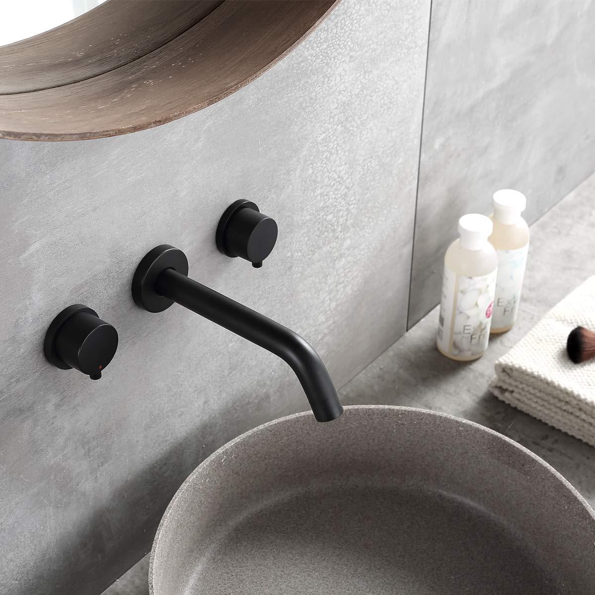 2-Handle Wall Mount Bathroom Faucet Basin Mixer Taps with Rough-in Valve in Black - Alipuinc