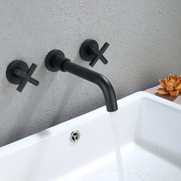 2 Double Handle Wall Mounted Bathroom Kitchen Faucet Basin Mixer Taps in Matte Black with Rough-in Valve - Alipuinc