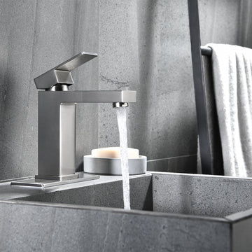 Clihome® | Brushed Nickel Single Hole Single Handle Bathroom Faucet with Deck Plate and Water Supply Hoses