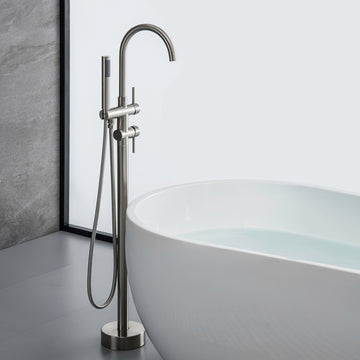 Clihome® | Single-Handle Floor-Mount Tub Faucet with Hand Shower in Brushed Nickel
