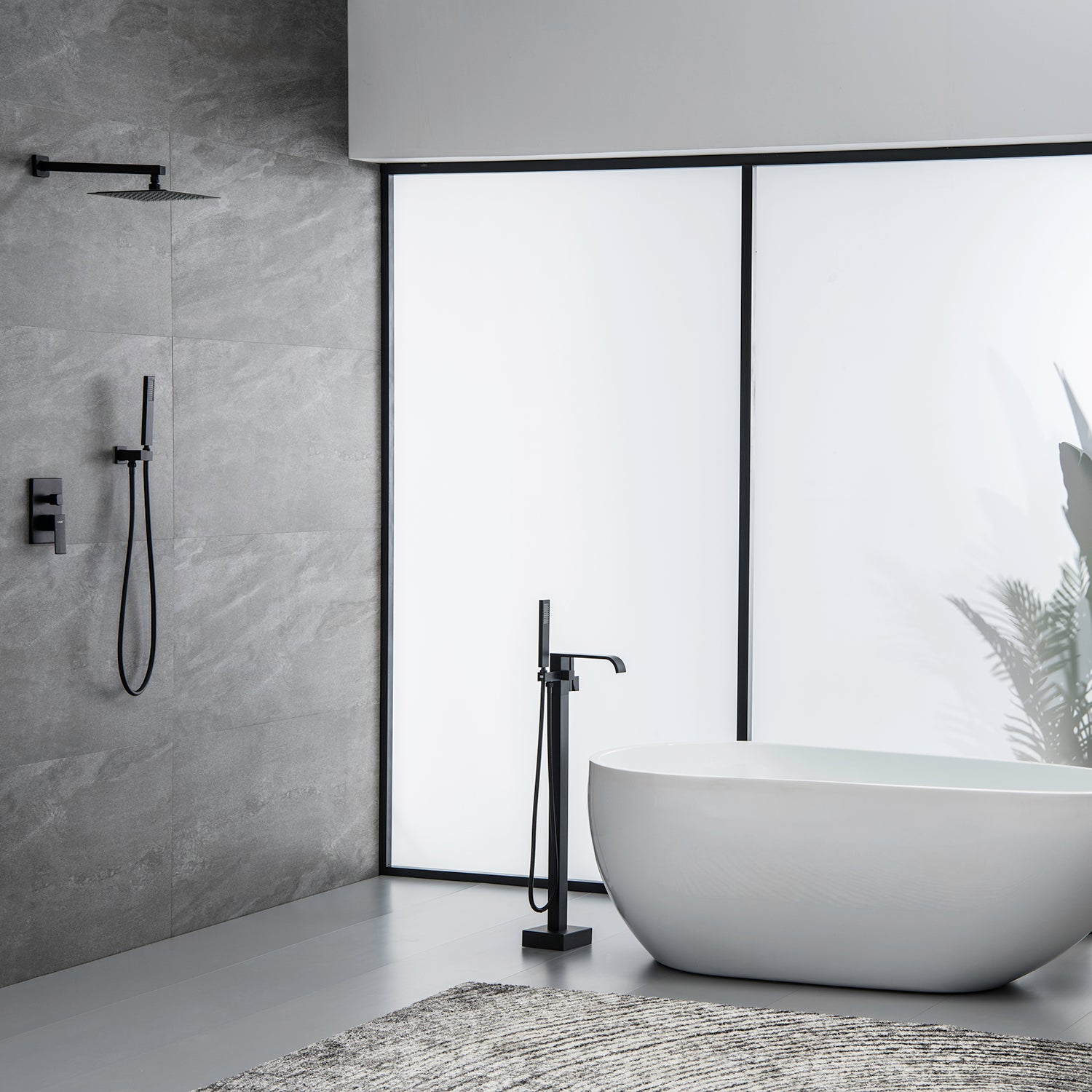 Clihome® | Freestanding Single-Handle Floor Mount Bathtub Faucet Filler with Handshower in Black