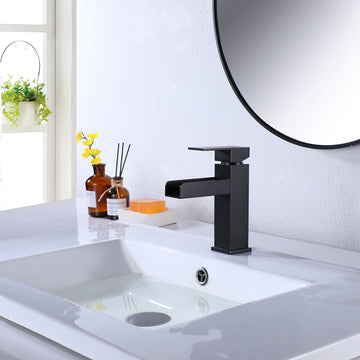 Clihome® | Waterfall Single Hole Single-Handle Bathroom Faucet with Deck Plate in Matte Black