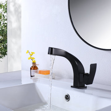 Clihome® | Modern Single-Handle Single Hole High-Arc Bathroom Faucet with Deck Plate in Matte Black