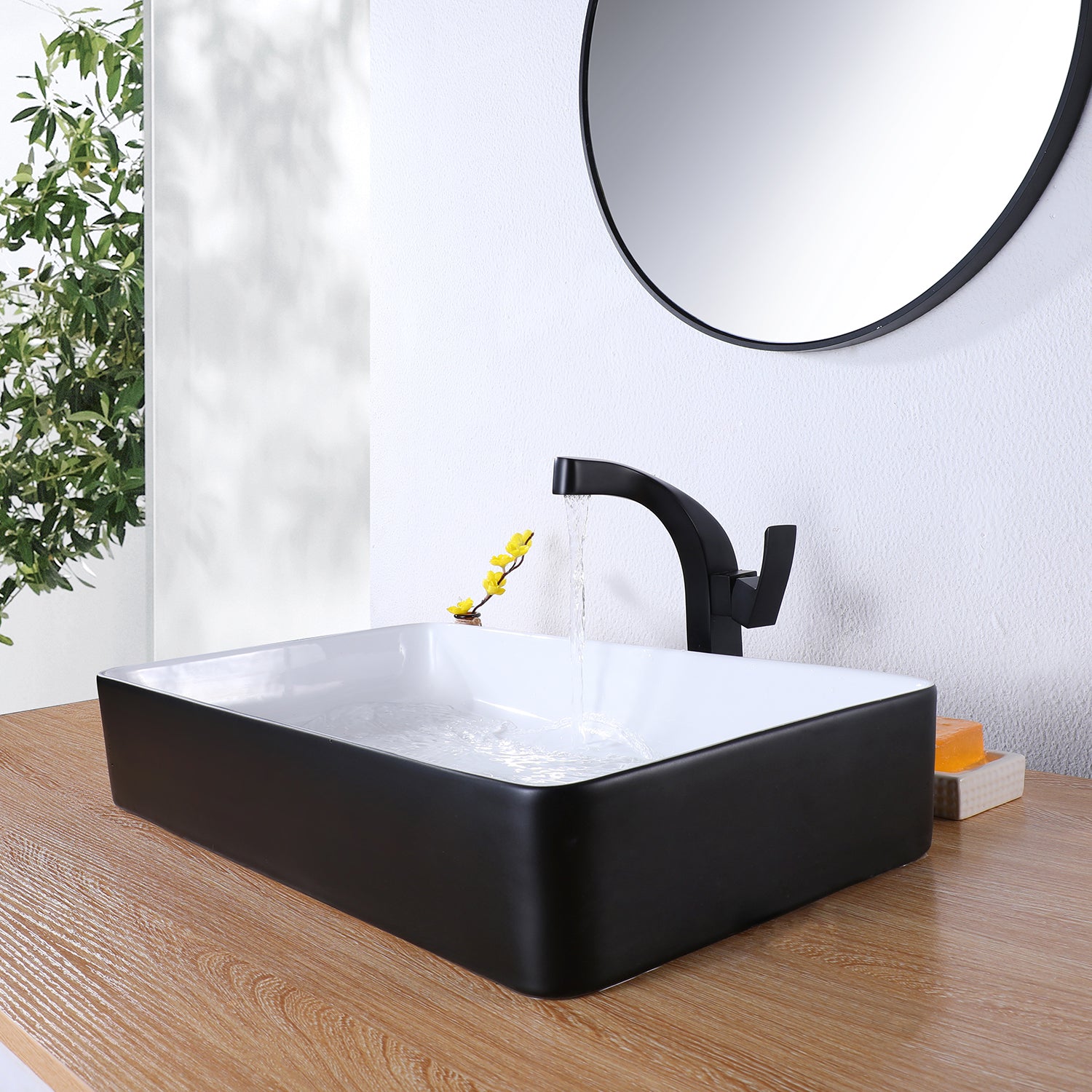 Clihome® | Waterfall Single-Handle Single Hole High-Arc Tall Bathroom Faucet with Deck Plate in Black