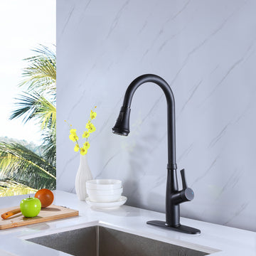 Clihome® | Single-Handle Pull-Down Sprayer Kitchen Faucet with Flexible House and Deck Plate in Black