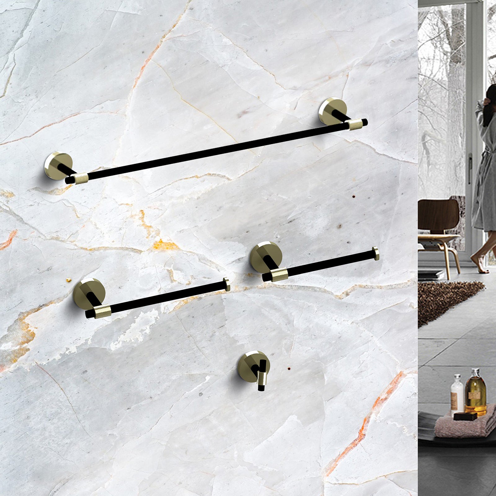 Clihome® | 4-Piece Bathroom Hardware Set In Matte Black & Brushed Gold
