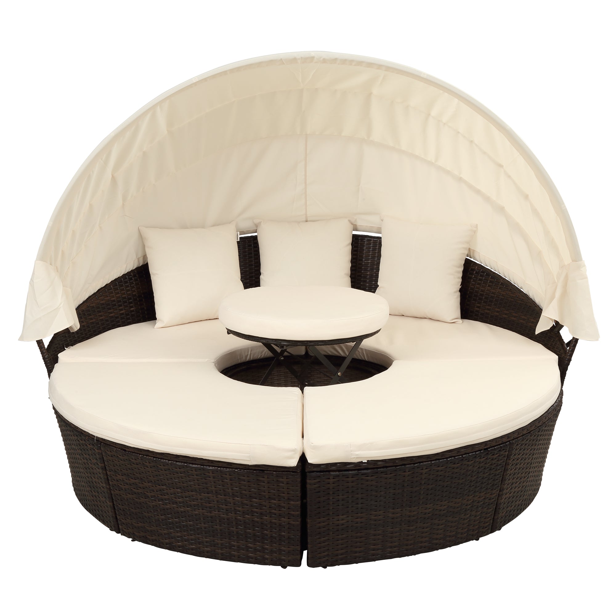 Patio Furniture Round Outdoor Sectional Sofa Set Rattan Daybed Sunbed with Retractable Canopy, Separate Seating and Removable Cushion