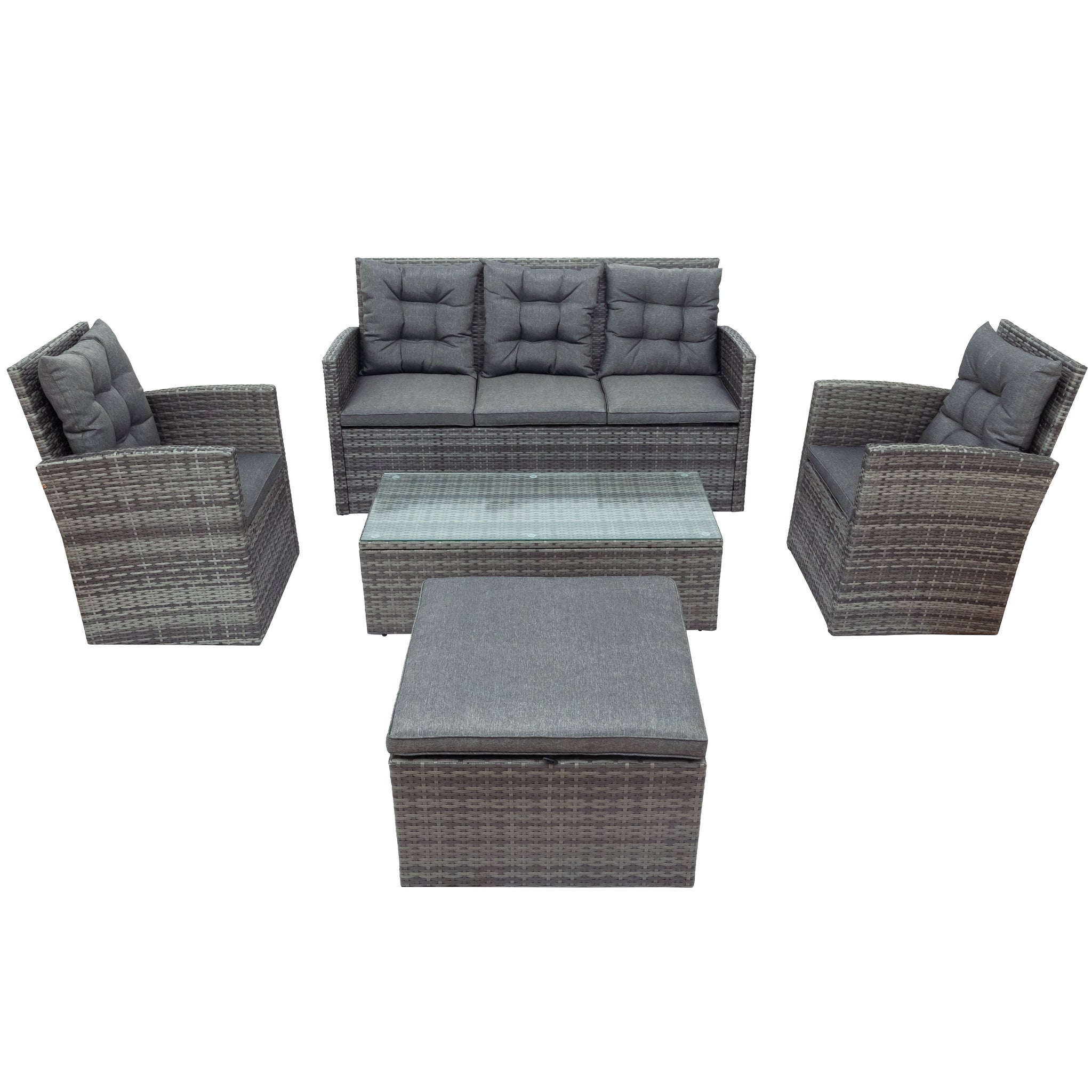 5-piece Patio Sofa Set with Storage Bench PE Wicker Furniture Coversation Set with Table, Gray
