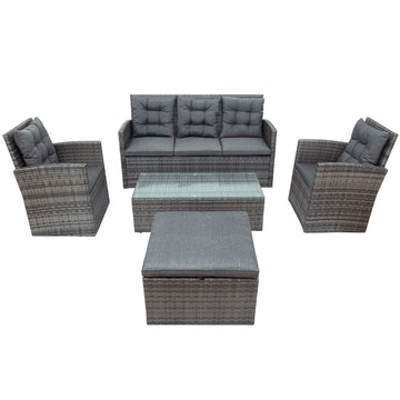 5-piece Outdoor UV-proof Patio Sofa Set with Storage Bench All Weather PE Wicker Furniture Coversation Set with Glass Table, Gray