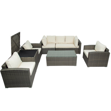 Clihome 7-Piece Patio Furniture Sets, Wicker Sofa, Cushions, Chairs , a Loveseat , a Table and a Storage Box
