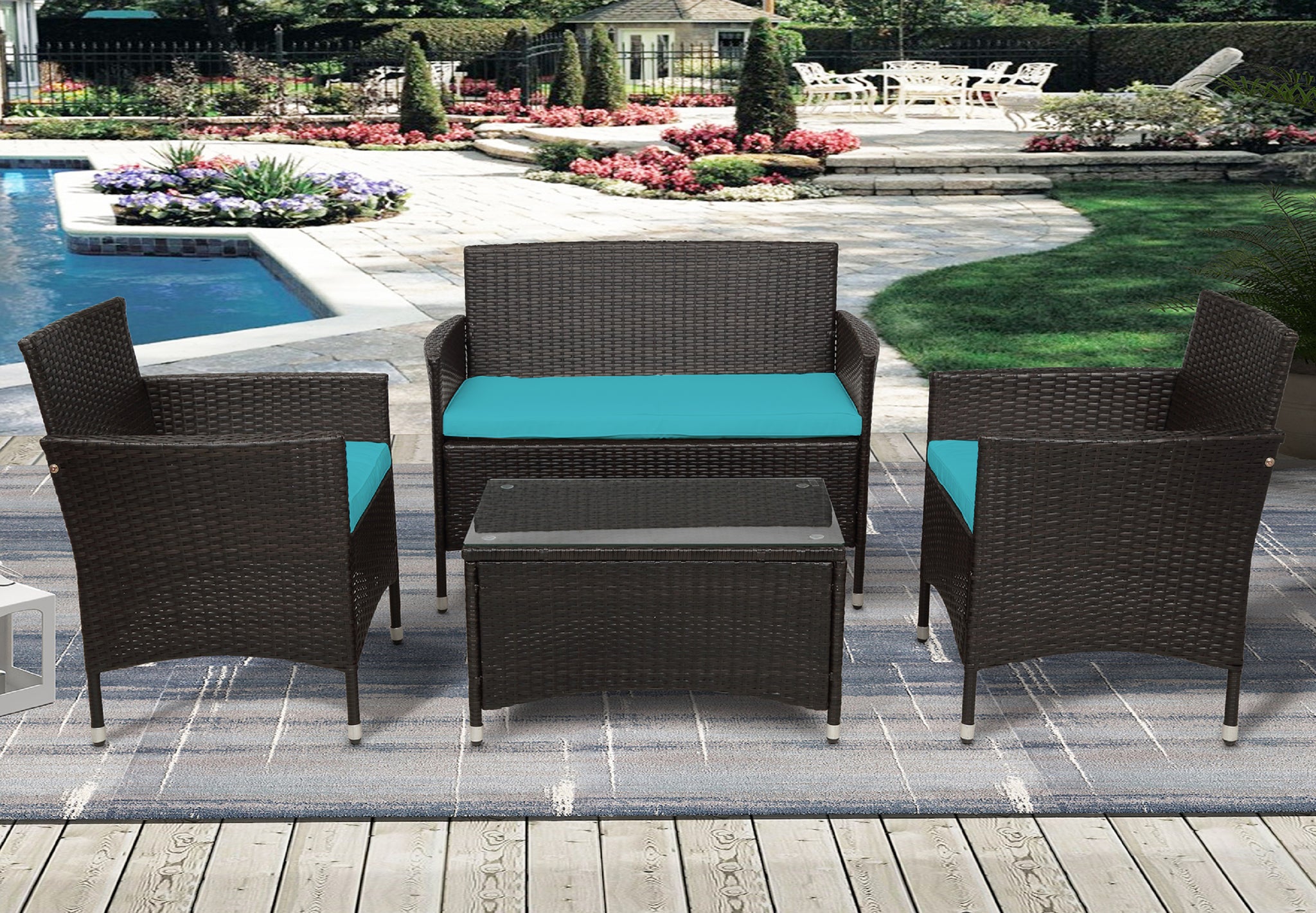 Clihome® | 4 Piece Patio Rattan Sofa Seating Group with Blue Cushions