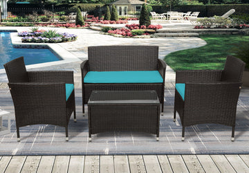 Clihome® | 4 Piece Patio Rattan Sofa Seating Group with Blue Cushions