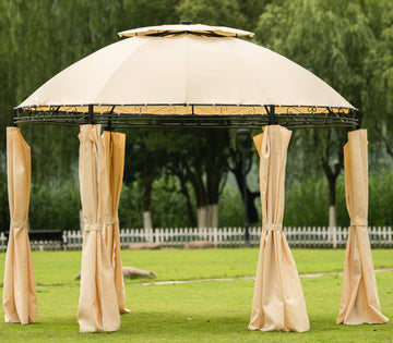Clihome® | Outdoor Beige Steel Fabric Round Soft Top Gazebo, Dome Gazebo with Removable Curtains