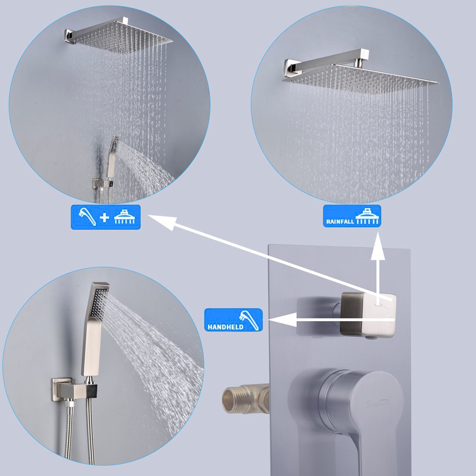 1-Spray Patterns with 2.66 GPM 12 in. Wall Mount Dual Shower Heads with Rough-In Valve Body and Trim in Brushed Nickel - Alipuinc