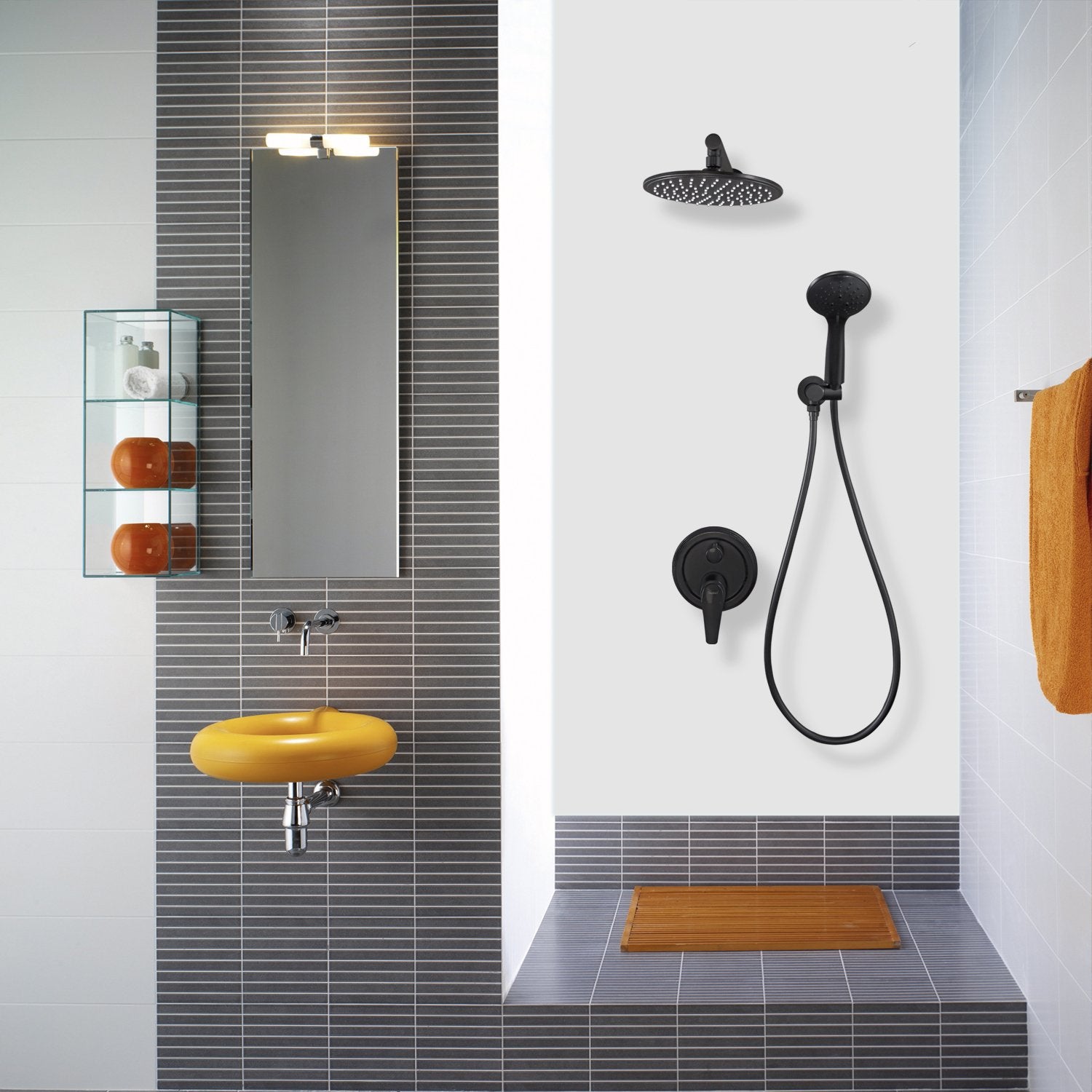 5-Spray Patterns with 2.66 GPM 9 in. Wall Mount Dual Shower Heads with Pressure Balance Round-In Valve in Matte Black - Alipuinc