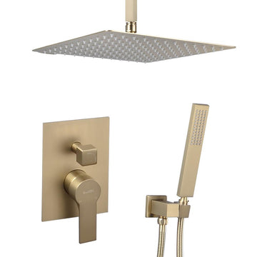 1-Spray Patterns with 2.66 GPM 10 in. Wall Mount Dual Shower Heads with Rough-In Valve Body and Trim in Brushed Gold