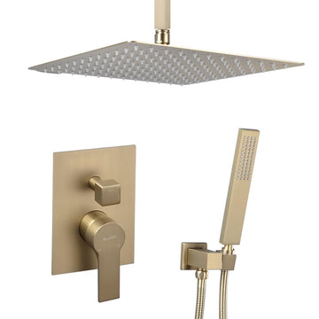1-Spray Patterns with 2.38 GPM 12 in. Ceiling Mount Dual Shower Heads with Rough-In Valve Body and Trim in Brushed Gold - Alipuinc