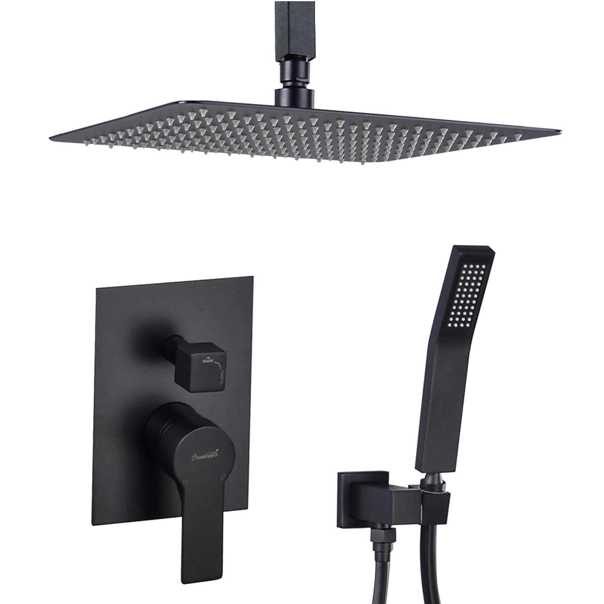 1-Spray Patterns with 2.38 GPM 12 in. Ceiling Mount Dual Shower Heads with Rough-In Valve Body and Trim in Matte Black - Alipuinc