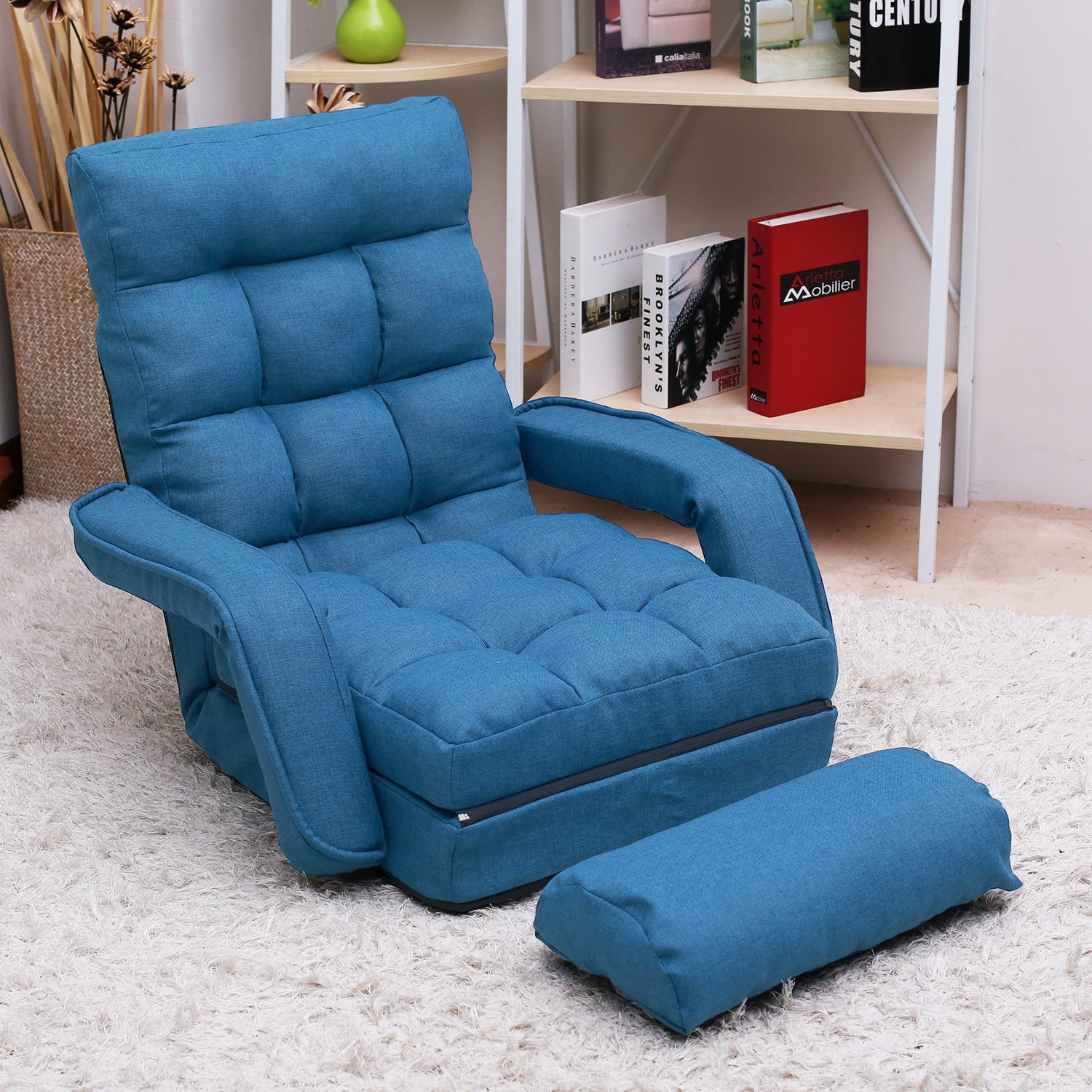 Clihome® | Folding Lazy Sofa Bed with Armrests and Pillow, Blue