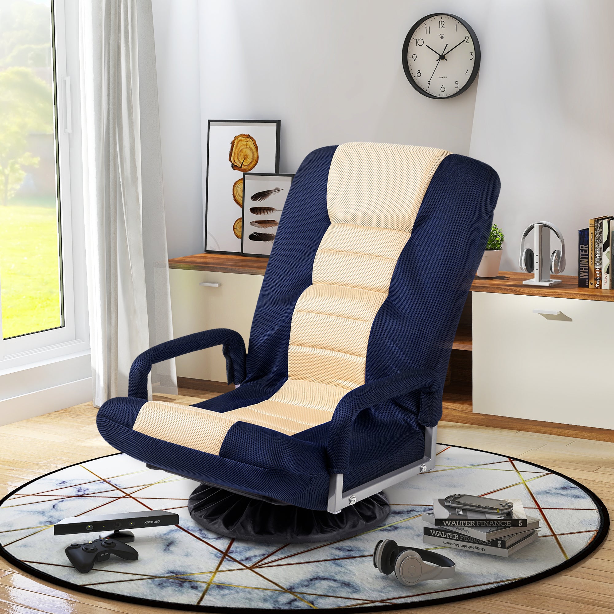 Clihome® | Swivel Folding Sofa Lounger Floor Chair Adjustable 7-Position, Blue+Beige