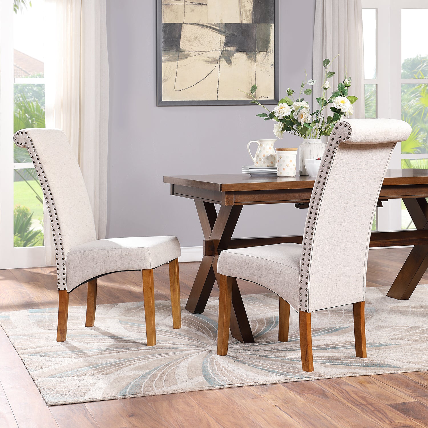 Clihome® | Fabric Padded Side Chair Dining Chair with Solid Wood Legs Set of 2, Beige