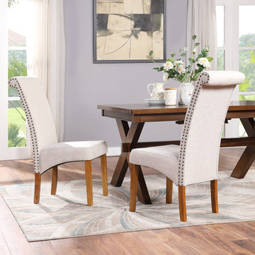 Clihome® | Fabric Padded Side Chair Dining Chair with Solid Wood Legs Set of 2, Beige