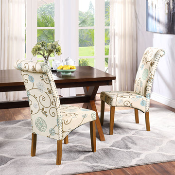Clihome® | Fabric Padded Side Chair Dining Chair with Solid Wood Legs Set of 2, Floral