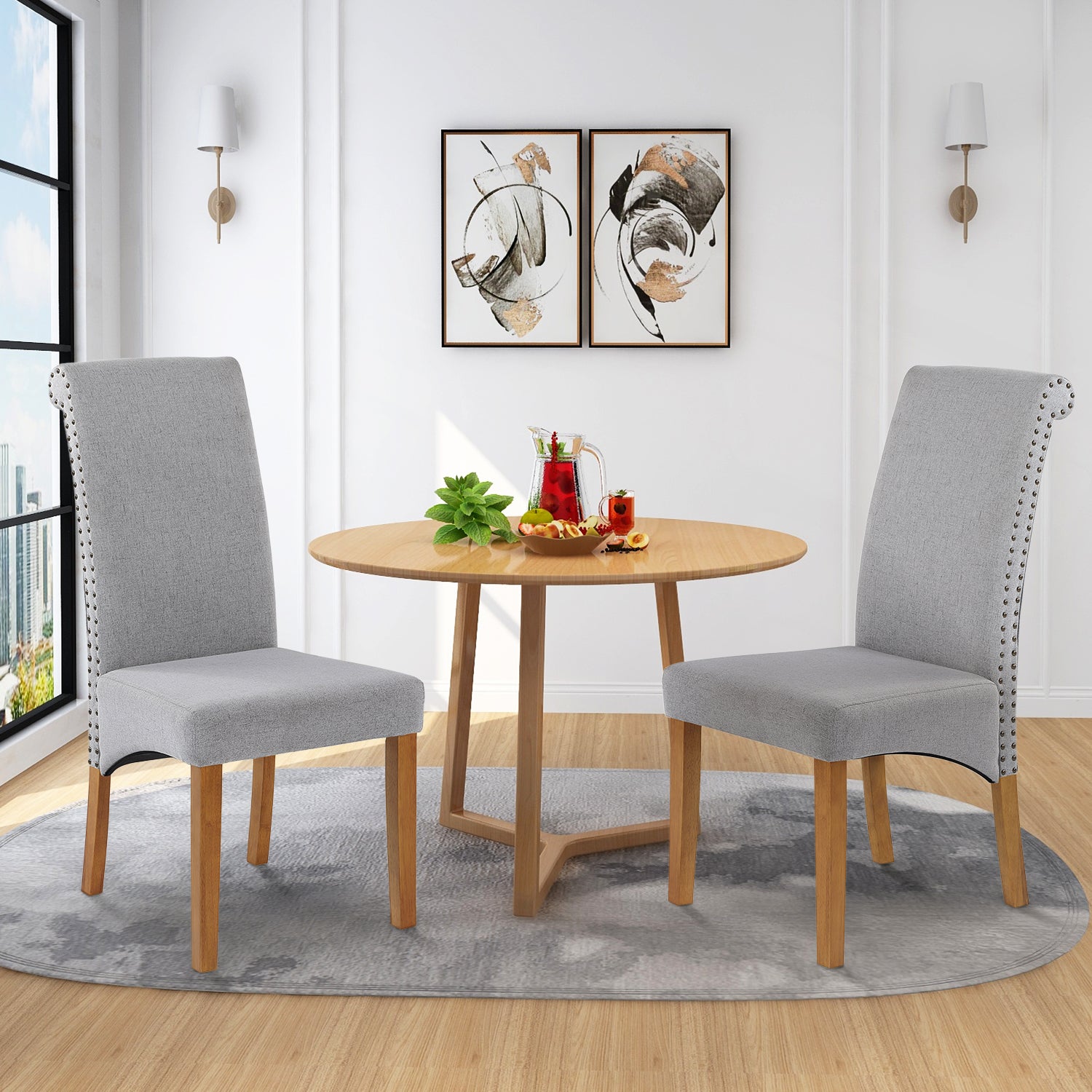 Clihome® | Fabric Padded Side Chair Dining Chair with Solid Wood Legs Set of 2, Grey
